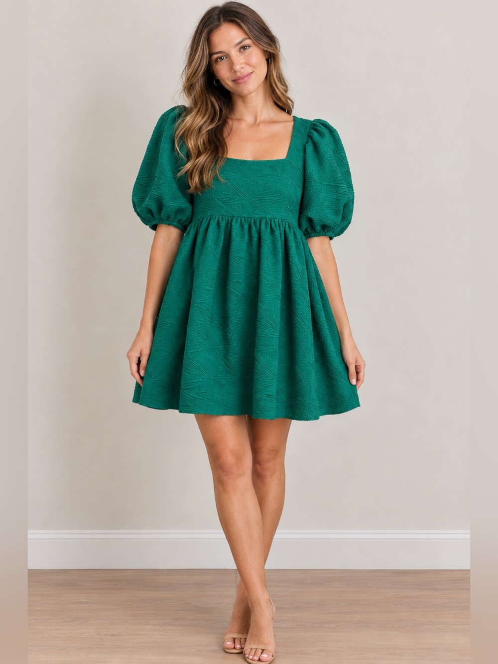 Free People Textured Violet Puff-Sleeve Babydoll Mini Dress Size Medium Teal